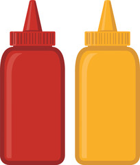 Classic red ketchup and yellow mustard vector squeeze bottles for condiments isolated on transparent background