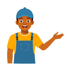 Friendly African American Boy in Overalls Presenting With Open Hand Smiling Cartoon Character