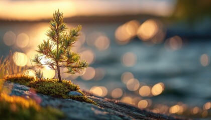 Tiny pine tree on a rocky outcrop at sunset over water