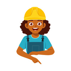 African American Woman Construction Worker in Hard Hat Smiling and Pointing Downward