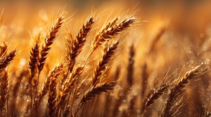 Golden wheat field, bathed in warm sunlight, with water droplets