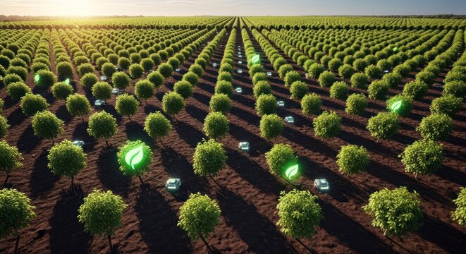 Orchard landscape with rows of trees and embedded green leaf technology