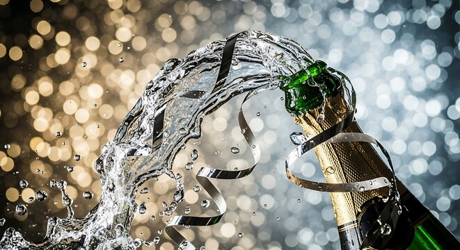 Dynamic splash of champagne erupting from a bottle with a golden green foil cap against a bokeh background