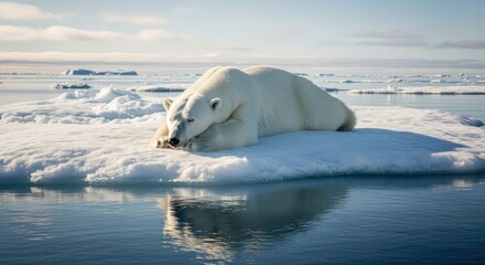 Polar bear rests on ice floe, reflection in water, Arctic scene