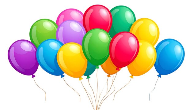 A cluster of colorful, shiny party balloons with thin strings. Bright and festive, isolated on a white backdrop - Powered by Adobe