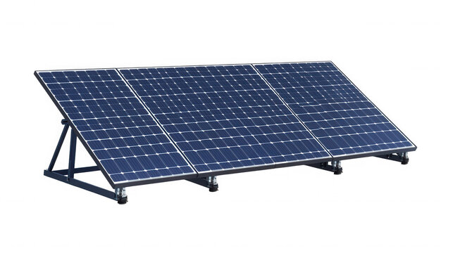 Three solar panels arranged on a metal frame against a black background in a studio setting on transparent background - Powered by Adobe