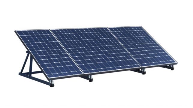Three solar panels arranged on a metal frame against a black background in a studio setting on transparent background - Powered by Adobe