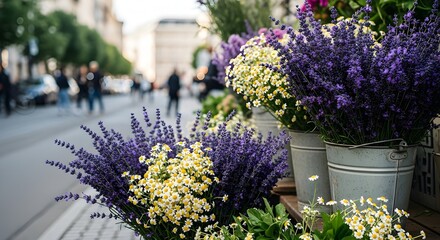 bouquets of wildflowers spill from buckets on a city street vendor’s stall.