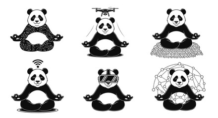 Fototapeta premium Meditating panda silhouettes: technological and digital concepts with tranquil bears