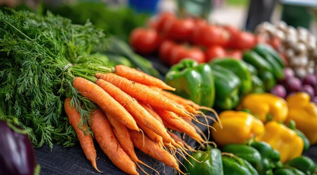 Fresh carrots and vegetables at a market stall
