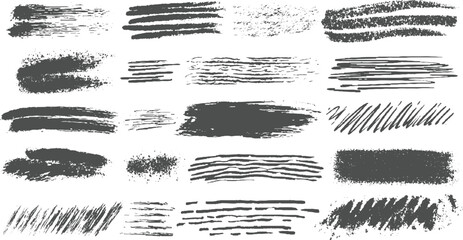 Collection of dark gray grunge brush stroke textures and scribbles on white background vector