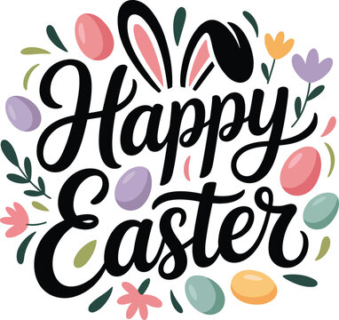 Cheerful Happy Easter Greeting with Bunny Ears, Eggs, and Spring Flowers .