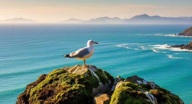 Seagull perched on a mossy rock outcrop overlooks turquoise sea and distant mountains - Powered by Adobe