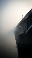 Ethereal Bridge Emerges from Dense Fog, Dramatic Urban Landscape Silhouette.
