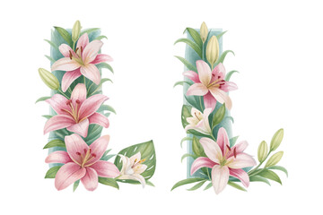 Botanical Alphabet L Watercolor Flower Letter vector illustration
