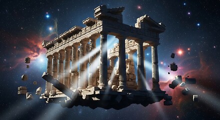 Ethereal Ancient Greek Temple Floating Amongst Cosmic Nebulae and Stars.