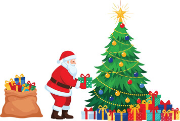 Santa Claus placing Christmas gift under decorated tree, holiday celebration, festive season, presents, joy, tradition, winter holiday, cad drawing flat vector illustration