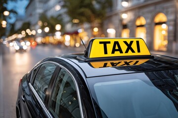 Taxi car on city street at evening with bokeh lights
