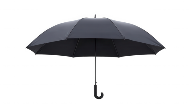 A single black umbrella is open against a black background with a curved handle and metal frame on transparent background