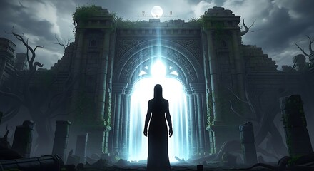 Ethereal Figure Silhouetted Against Radiant Archway in Ruined Citadel.