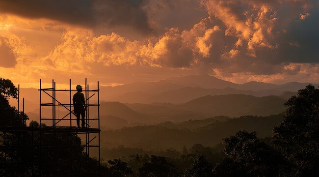 Silhouette of person on scaffolding at sunset over mountains