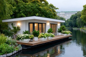 Obraz premium Modern houseboat floating on tranquil river with plants