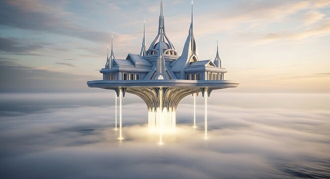 Ethereal Floating Palace Amidst Misty Clouds, Illuminated by Golden Light Beams.