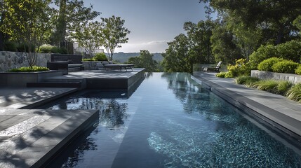 Sophisticated infinity-edge pool in a contemporary outdoor setting, featuring sleek lines, dark tiling, and tiered landscaping, creating a tranquil and luxurious retreat