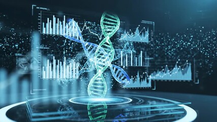 Futuristic Digital DNA Helix with Data Visualizations. - Powered by Adobe