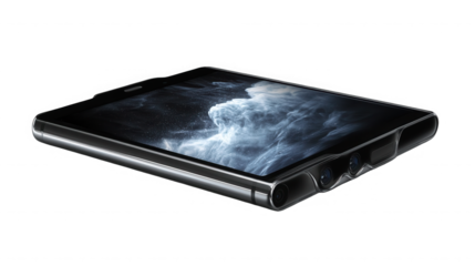 A close up shot of a smartphone displaying a cloudy sky against a black background in studio light on transparent background