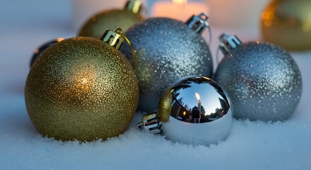 Festive collection of sparkling gold and silver christmas ornaments with soft bokeh lights in the background