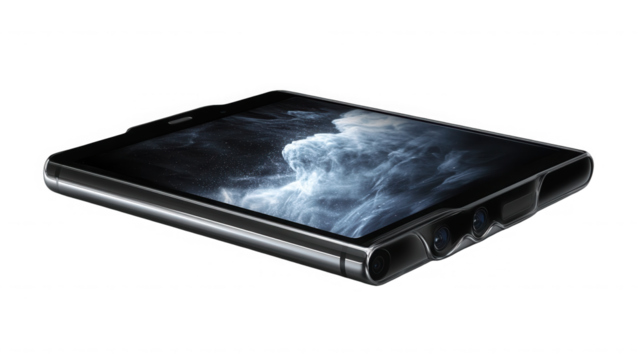 A close up shot of a smartphone displaying a cloudy sky against a black background in studio light on transparent background