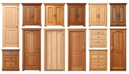 A collection of diverse wooden doors and cabinets in varying styles, tones, and designs, arranged in a row