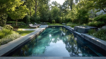 Luxurious private swimming pool reflecting the lush green trees of a secluded garden, creating a tranquil backyard escape
