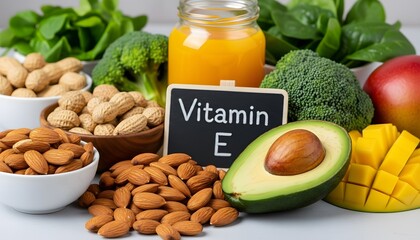Healthy foods rich in vitamin e including nuts fruits and vegetables