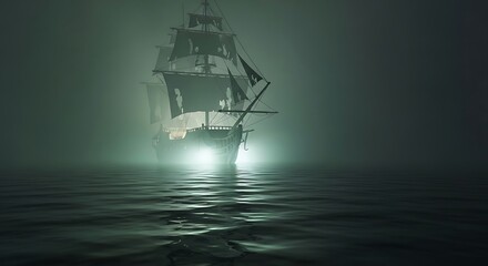 Ethereal Galleon Emerges from Mystical Green Fog on Calm, Reflective Waters.