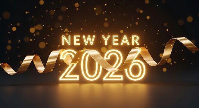 Bright neon glowing new year 2026 text with golden ribbons and falling confetti on dark background