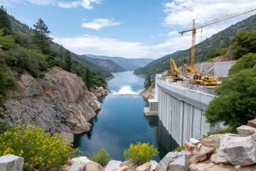 Dam construction on a river in a mountain canyon