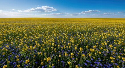 Fototapeta premium Vibrant field yellow flowers merge with blue in sunlit meadow under a blue sky