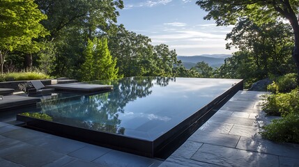 A luxurious infinity-edge swimming pool with dark, reflective water seamlessly merges with a serene forest and distant mountain landscape