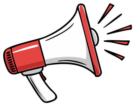 Red and white cartoon megaphone illustration for making a loud announcement or alert