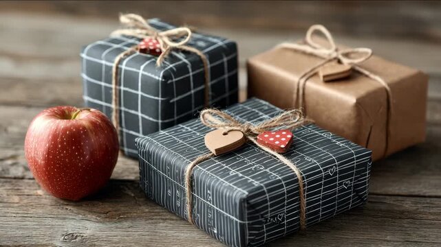 Rustic wrapped gifts with apples on wooden table and red checkered cloth. Winter Gifts for Teachers. Wrapped teacher gifts with chalkboard-style paper, twine bows, apple, pencil