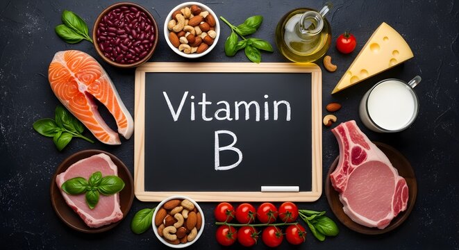 Assortment of healthy foods rich in vitamin b nutrients arranged around a chalkboard
