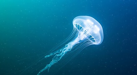 Ethereal Jellyfish Drifting in Deep Blue Ocean Waters, Illuminated.