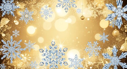 Sparkling snowflake border frames a warm golden bokeh background creating a festive and magical winter holiday celebration atmosphere