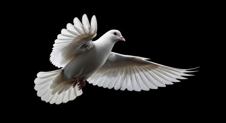 Obraz premium White dove in flight against a stark black background, wings spread wide