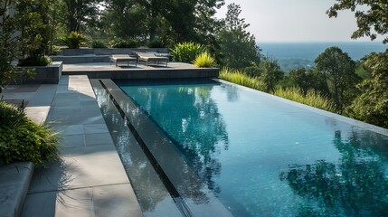 A luxurious infinity-edge swimming pool set in a modern backyard, offering a tranquil retreat with breathtaking views of the ocean and lush forest
