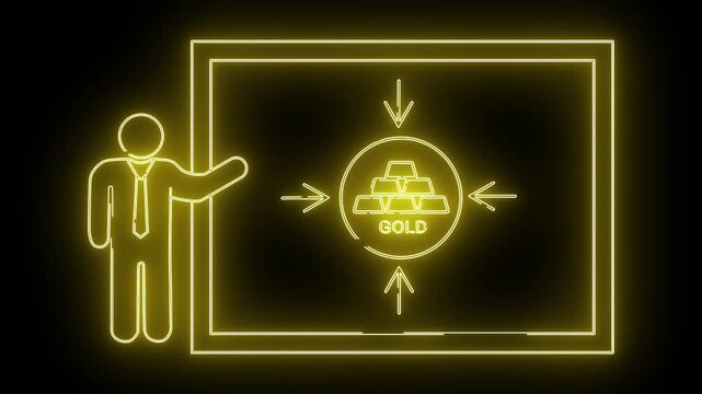 Neonlit presentation features a stick figure pointing towards a diagram showcasing gold inflow