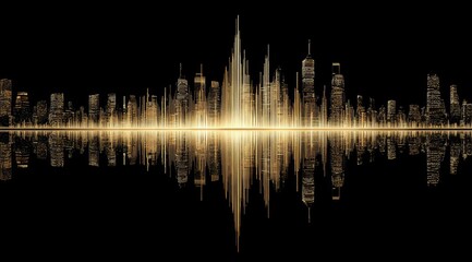City skyline rendered as an audio waveform, gold tones on a black background.  A mirrored reflection of the city is below the wave