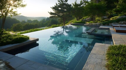 Serene Infinity Pool Overlooking Lush Greenery at Sunrise, Creating a Tranquil Backyard Oasis